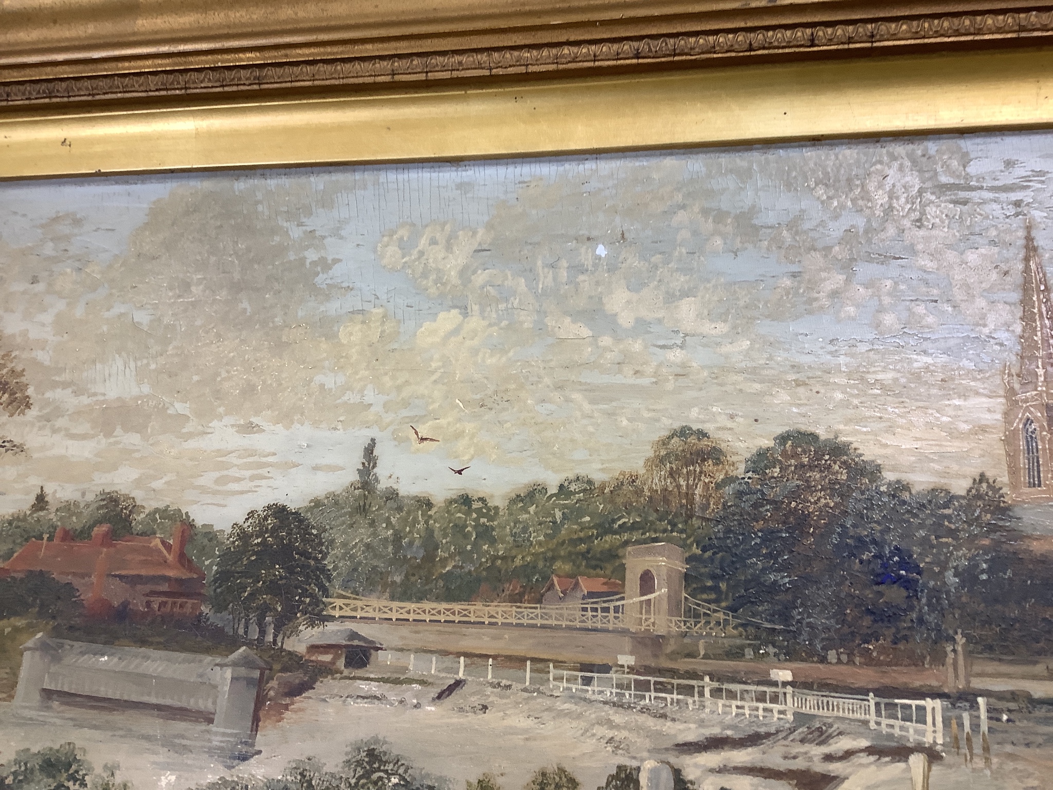 English School c.1900, oil on canvas, Bridge and weir over The Thames, 23 x 47cm